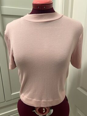 ARITZIA BABATON Rayon Knit Short Sleeve Pale Pink Ribbed Stretch Top Size Med